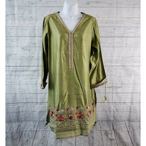 Dhanak Womens Kurti Sz Large Green Pink Floral Embroidered Long Sleeve